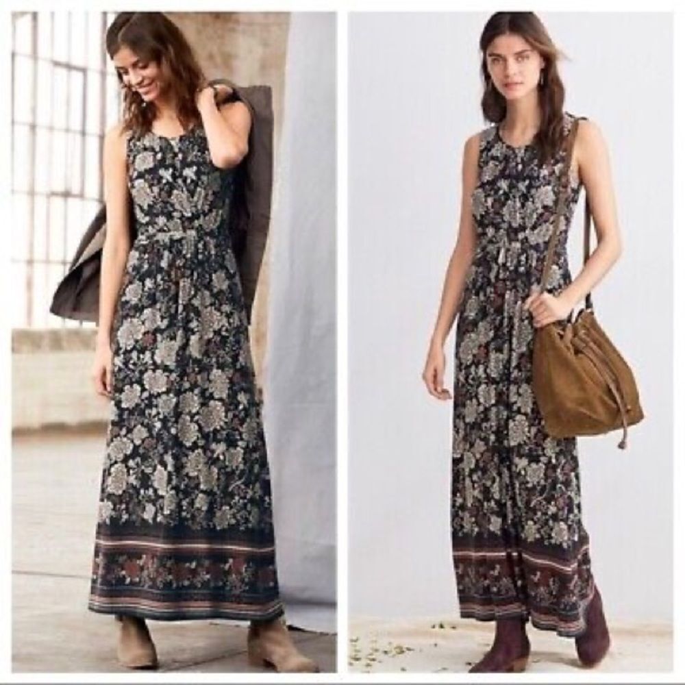 ✨ Garnet Hill Ladies Black FLoral Ruched Surplice Maxi Dress ✨